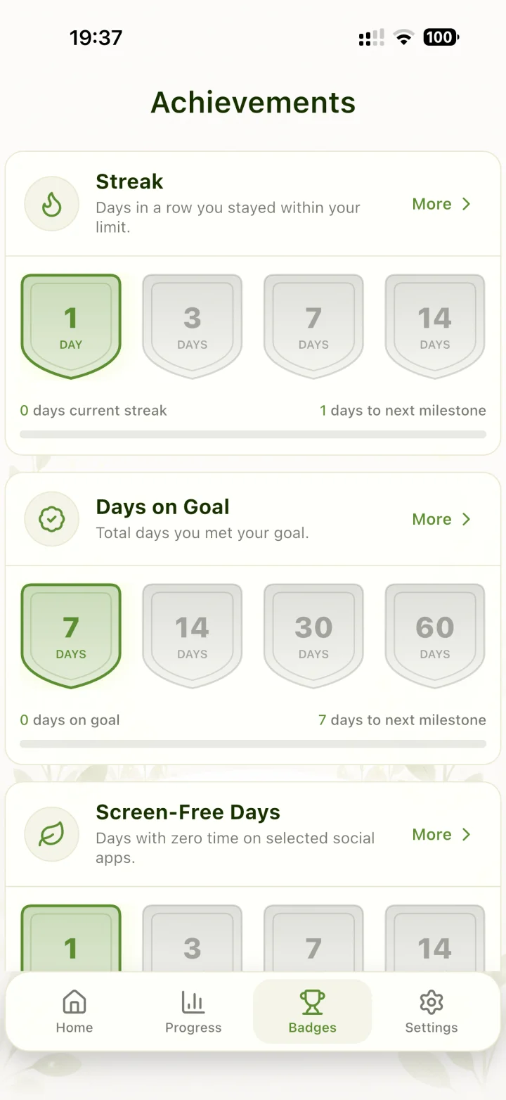 Unscrolly achievements with streak milestones, days on goal, and screen-free days