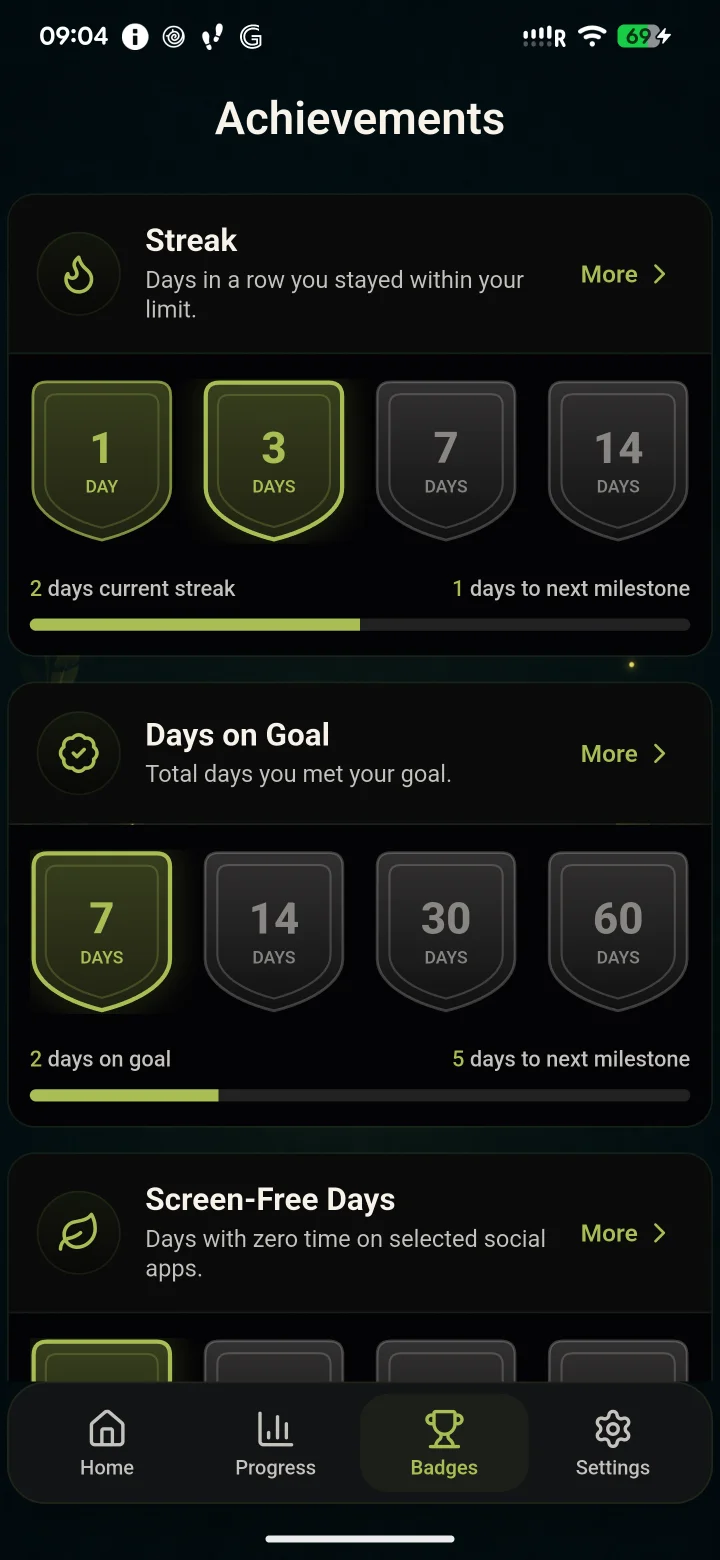 Unscroll achievements with streak milestones, days on goal, and screen-free days