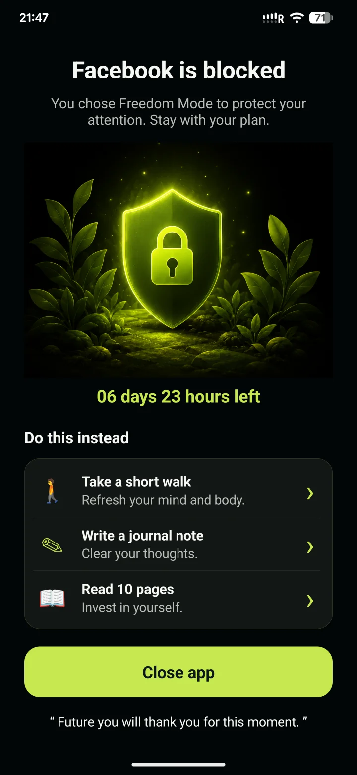 Unscroll blocking Facebook and suggesting a walk, journaling, or reading