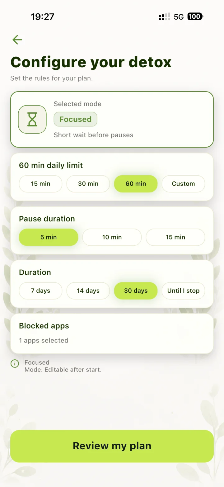 Configure daily limits, breaks, and detox duration