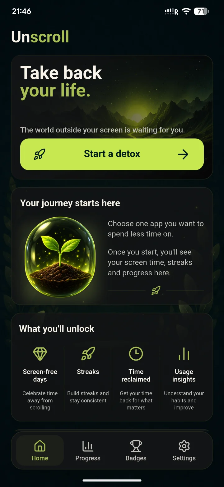 Unscroll home screen with Start a detox and your journey overview