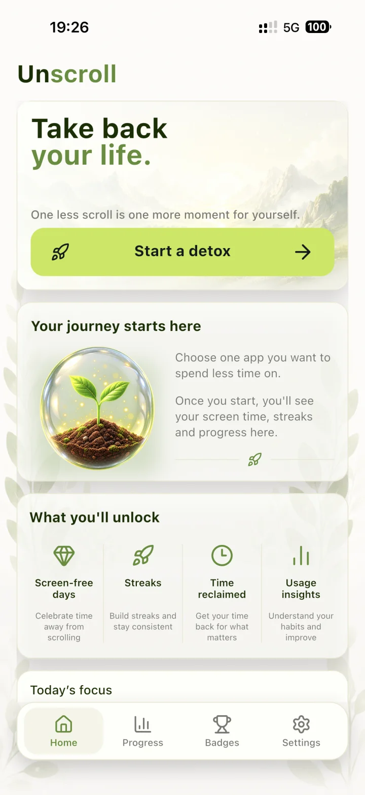 Unscrolly home screen with Start a detox and your journey overview