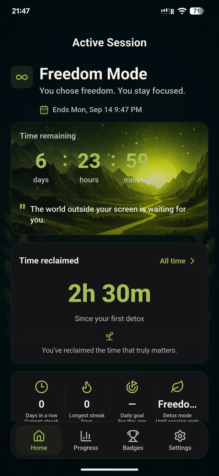 Active Freedom Mode session showing time remaining and time reclaimed