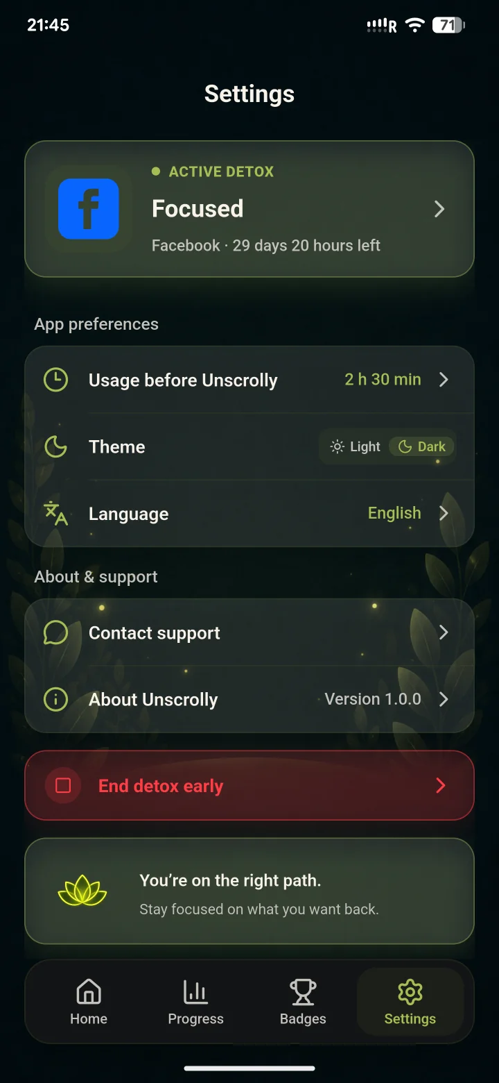 Unscroll settings with active detox, previous usage, theme, language, and support